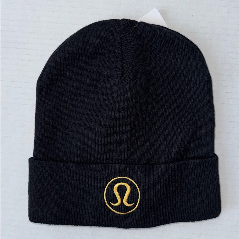 lululemon athletica Black Beanie with yellow Logo Embroidery